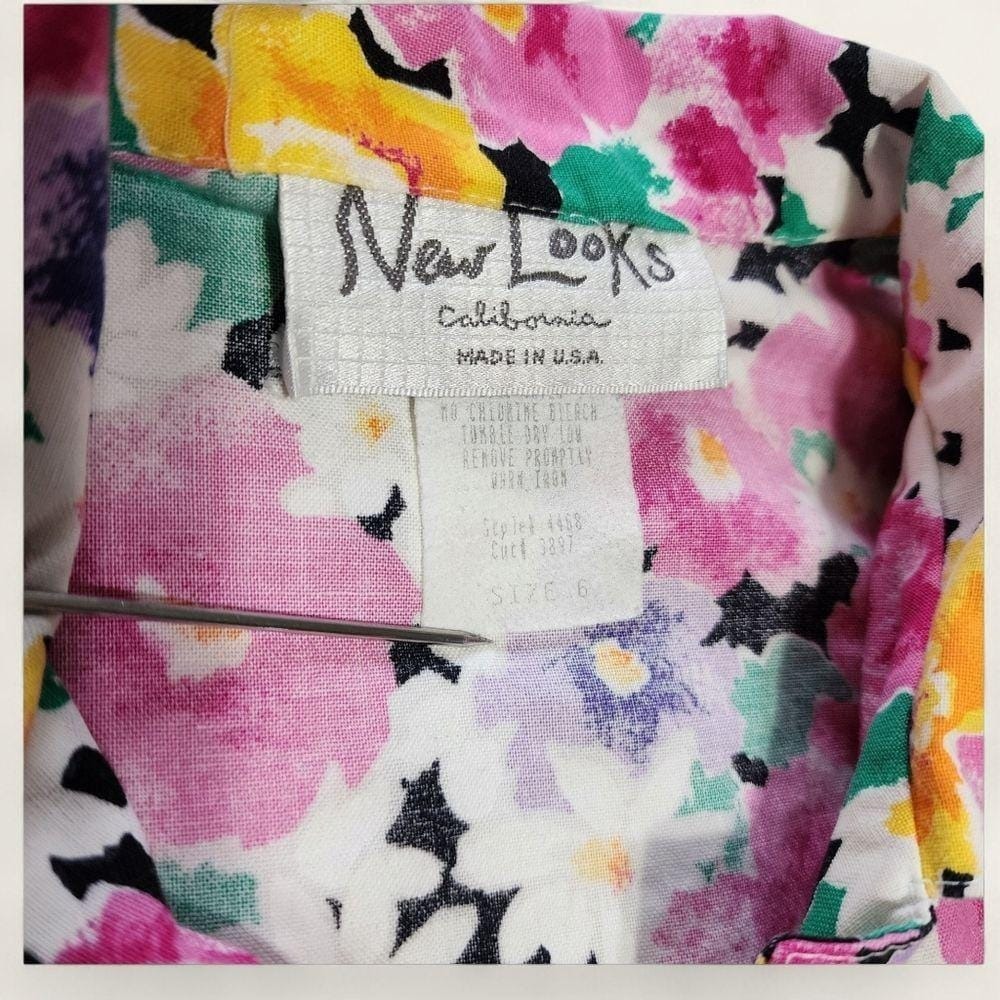 Floral Shirt Dress Vintage 80s Fit Flare Size 6 Pink Yellow Kentucky Derby - Picture 8 of 9